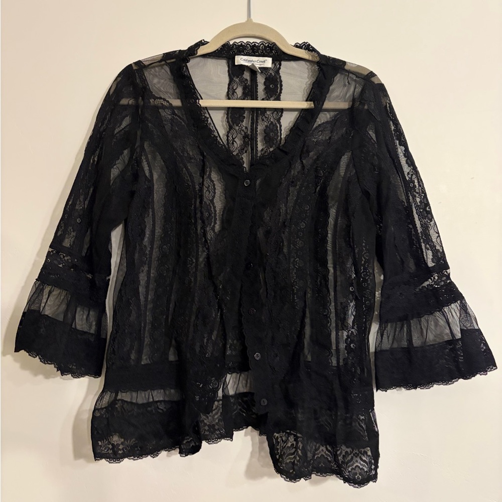 Sheer Black Lace Button-Front Blouse Size Medium Ruffle and Dramatic top